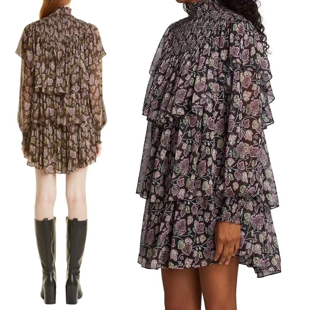NWT CINQ A SEPT Boho Floral Ruffle Puffed Long Sleeve Smocked High‎ Neck Dress 8